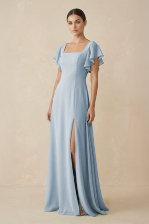 Chiffon A - Line Long Bridesmaid Dress with Flutter Sleeves in Dusty Blue - KissProm Bridesmaid Dresses