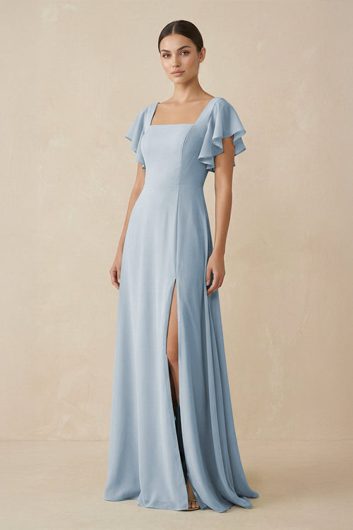 Chiffon A-Line Long Bridesmaid Dress with Flutter Sleeves in Dusty Blue, Dusty Blue / 2