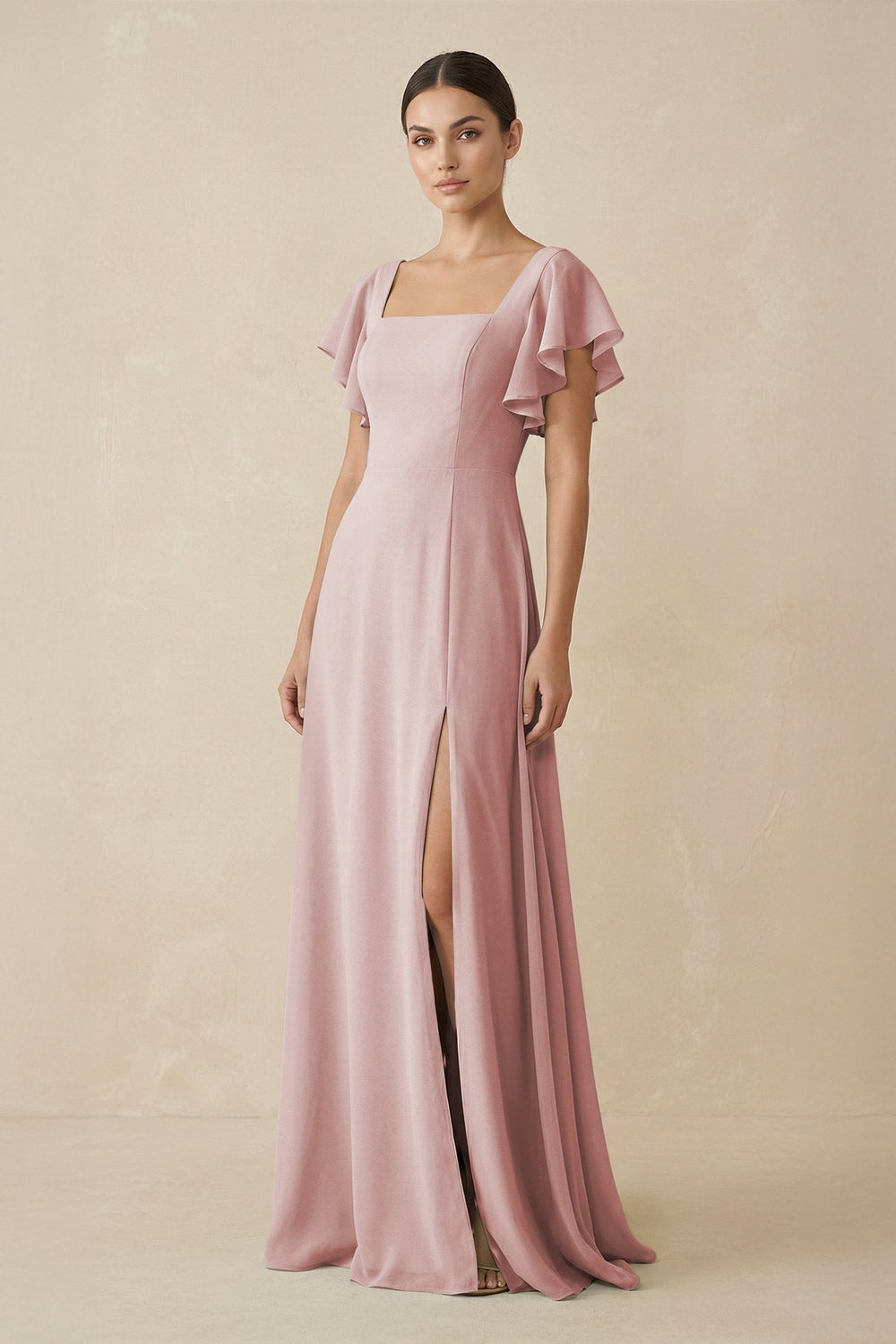 Chiffon A - Line Long Bridesmaid Dress with Flutter Sleeves in Dusty Rose - KissProm Bridesmaid Dresses