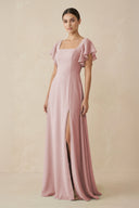 Chiffon A - Line Long Bridesmaid Dress with Flutter Sleeves in Dusty Rose - KissProm Bridesmaid Dresses