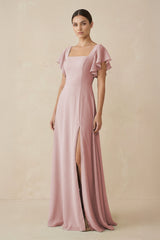 Chiffon A - Line Long Bridesmaid Dress with Flutter Sleeves in Dusty Rose - KissProm Bridesmaid Dresses