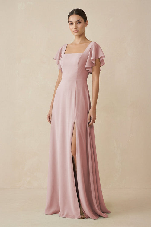 Chiffon A - Line Long Bridesmaid Dress with Flutter Sleeves in Dusty Rose - KissProm Bridesmaid Dresses