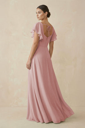 Chiffon A - Line Long Bridesmaid Dress with Flutter Sleeves in Dusty Rose - KissProm Bridesmaid Dresses