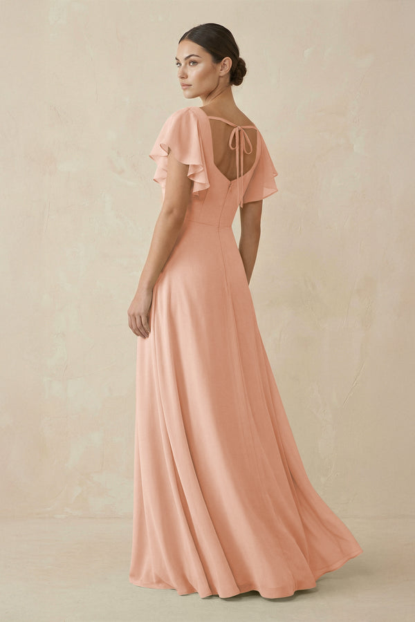 Chiffon A-Line Long Bridesmaid Dress with Flutter Sleeves in English Rose, English Rose / 30 Chiffon A-Line Long Bridesmaid Dress with Flutter Sleeves in English Rose, English Rose / 30