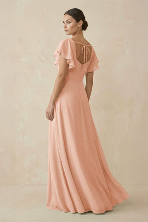 Chiffon A - Line Long Bridesmaid Dress with Flutter Sleeves in English Rose - KissProm Bridesmaid Dresses