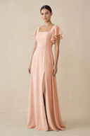 Chiffon A - Line Long Bridesmaid Dress with Flutter Sleeves in English Rose - KissProm Bridesmaid Dresses