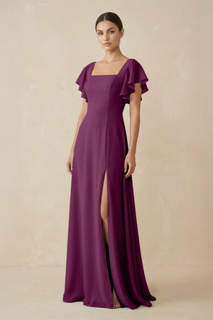 Chiffon A - Line Long Bridesmaid Dress with Flutter Sleeves in Fig - KissProm Bridesmaid Dresses