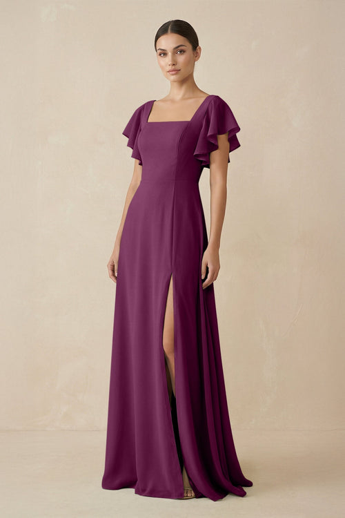 Chiffon A - Line Long Bridesmaid Dress with Flutter Sleeves in Fig - KissProm Bridesmaid Dresses