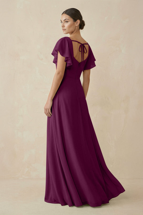 Chiffon A - Line Long Bridesmaid Dress with Flutter Sleeves in Fig - KissProm Bridesmaid Dresses