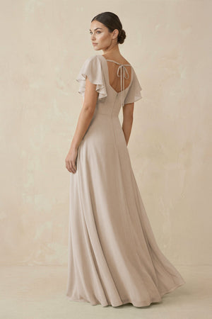 Chiffon A - Line Long Bridesmaid Dress with Flutter Sleeves in Frost - KissProm Bridesmaid Dresses