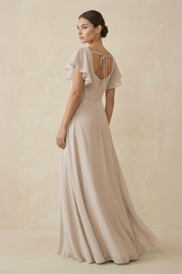 Chiffon A - Line Long Bridesmaid Dress with Flutter Sleeves in Frost - KissProm Bridesmaid Dresses