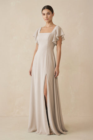 Chiffon A - Line Long Bridesmaid Dress with Flutter Sleeves in Frost - KissProm Bridesmaid Dresses