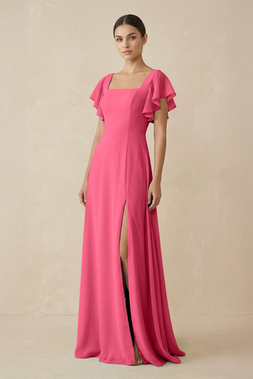 Chiffon A-Line Long Bridesmaid Dress with Flutter Sleeves in Fuchsia, Fuchsia / 8 Chiffon A-Line Long Bridesmaid Dress with Flutter Sleeves in Fuchsia, Fuchsia / 8