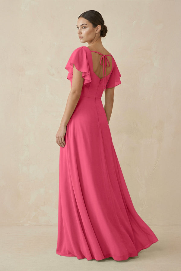 Chiffon A-Line Long Bridesmaid Dress with Flutter Sleeves in Fuchsia, Fuchsia / 4 Chiffon A-Line Long Bridesmaid Dress with Flutter Sleeves in Fuchsia, Fuchsia / 4