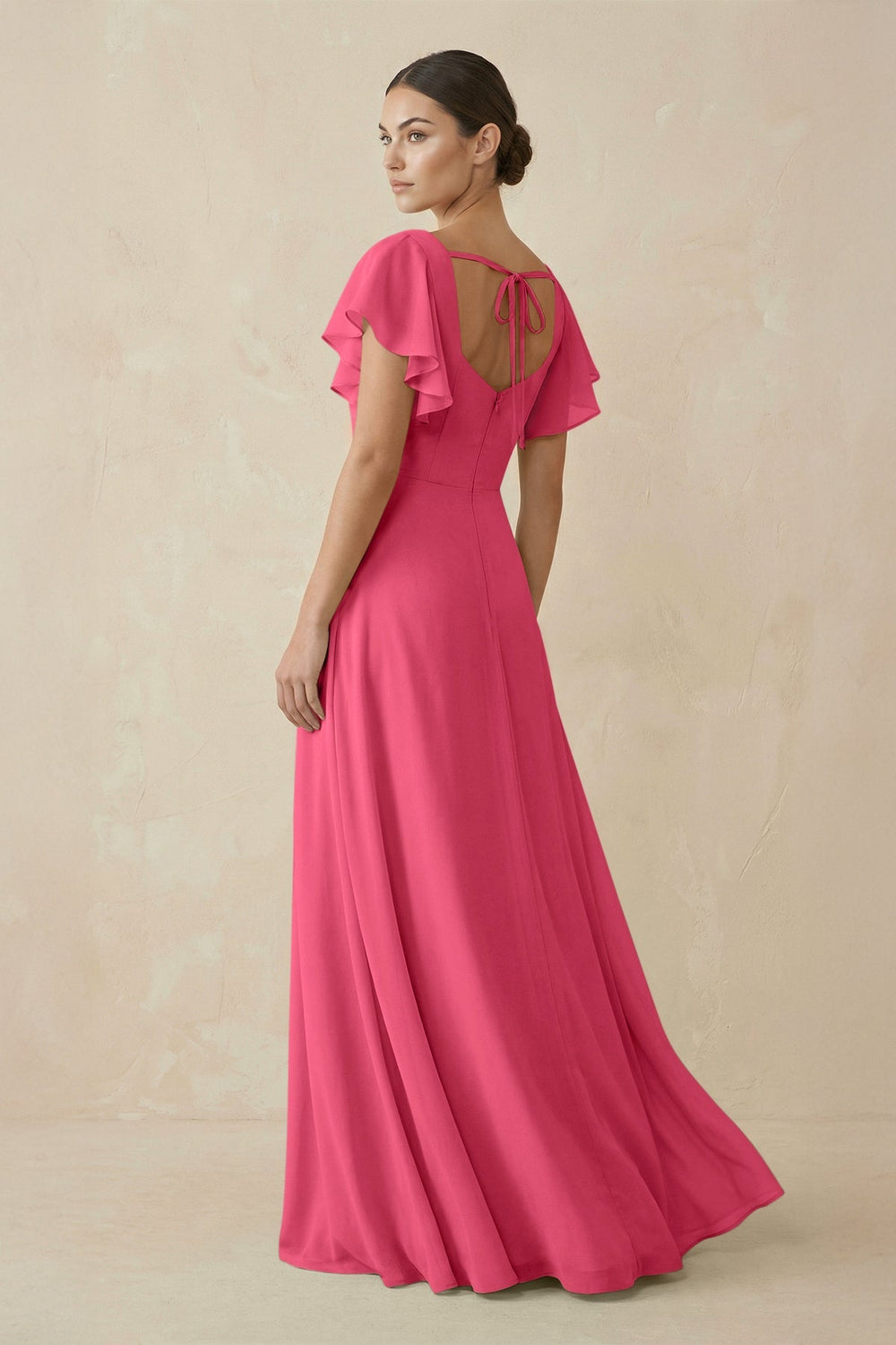 Chiffon A - Line Long Bridesmaid Dress with Flutter Sleeves in Fuchsia - KissProm Bridesmaid Dresses
