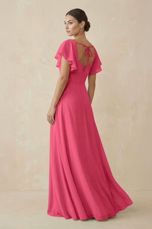 Chiffon A - Line Long Bridesmaid Dress with Flutter Sleeves in Fuchsia - KissProm Bridesmaid Dresses