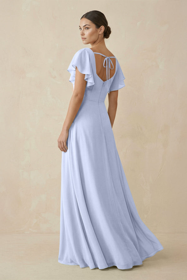 ice blue bridesmaid dresses with sleeves Chiffon A-Line Long Bridesmaid Dress with Flutter Sleeves in Ice, Ice / Custom Size( Free )