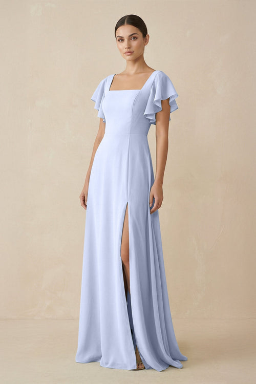 KissProm Chiffon A-Line Long Bridesmaid Dress with Flutter Sleeves in Ice, Ice / 30