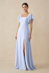 Chiffon A - Line Long Bridesmaid Dress with Flutter Sleeves in Ice - KissProm Bridesmaid Dresses