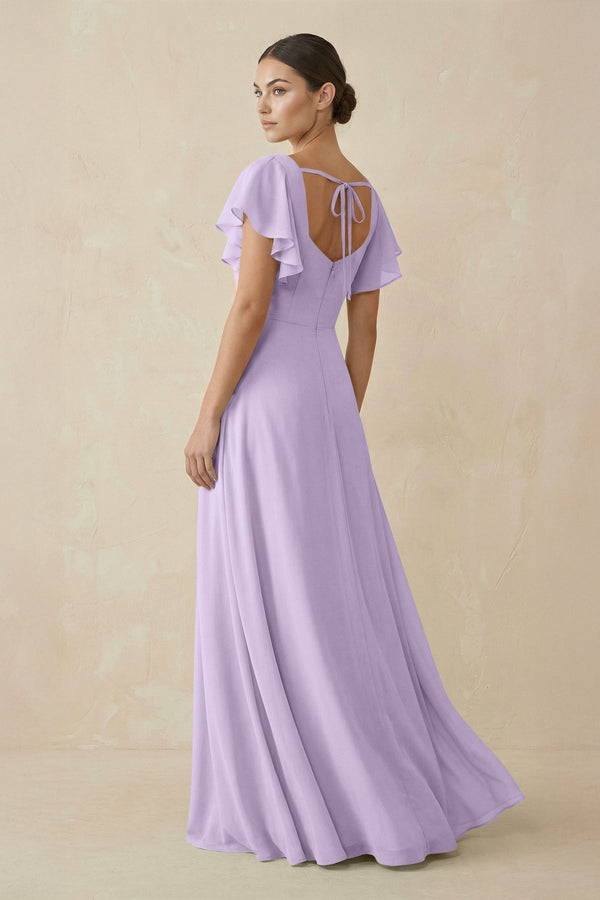 Chiffon A - Line Long Bridesmaid Dress with Flutter Sleeves in Lavender - KissProm Bridesmaid Dresses