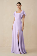 Chiffon A - Line Long Bridesmaid Dress with Flutter Sleeves in Lavender - KissProm Bridesmaid Dresses