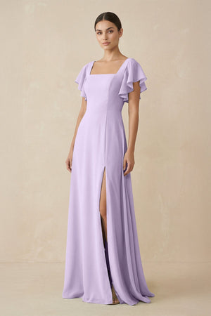 Chiffon A - Line Long Bridesmaid Dress with Flutter Sleeves in Lavender - KissProm Bridesmaid Dresses