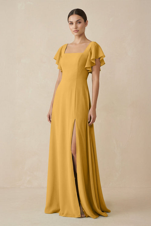 Chiffon A-Line Long Bridesmaid Dress with Flutter Sleeves in Marigold, Marigold / 12 Chiffon A-Line Long Bridesmaid Dress with Flutter Sleeves in Marigold, Marigold / 12