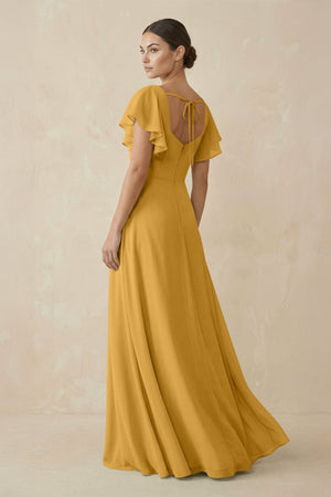 Chiffon A - Line Long Bridesmaid Dress with Flutter Sleeves in Marigold - KissProm Bridesmaid Dresses
