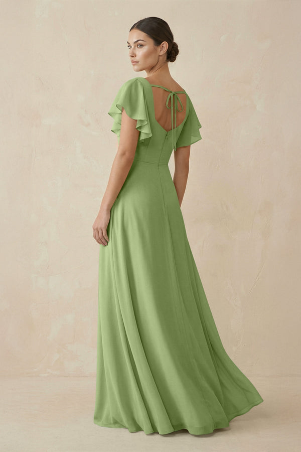 Chiffon A-Line Long Bridesmaid Dress with Flutter Sleeves in Matcha