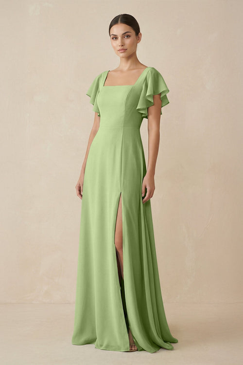 KissProm Chiffon A-Line Long Bridesmaid Dress with Flutter Sleeves in Matcha, Matcha / 6