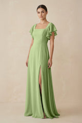 Chiffon A - Line Long Bridesmaid Dress with Flutter Sleeves in Matcha - KissProm Bridesmaid Dresses