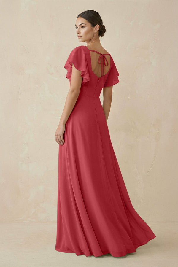 Chiffon A-Line Long Bridesmaid Dress with Flutter Sleeves in Merlot, Merlot / 14 Chiffon A-Line Long Bridesmaid Dress with Flutter Sleeves in Merlot, Merlot / 14