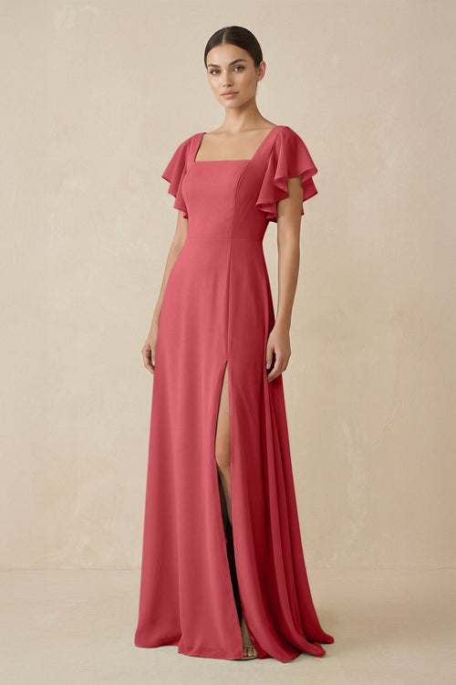 Chiffon A-Line Long Bridesmaid Dress with Flutter Sleeves in Merlot, Merlot / 14