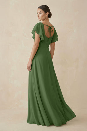 Chiffon A - Line Long Bridesmaid Dress with Flutter Sleeves in Moss - KissProm Bridesmaid Dresses
