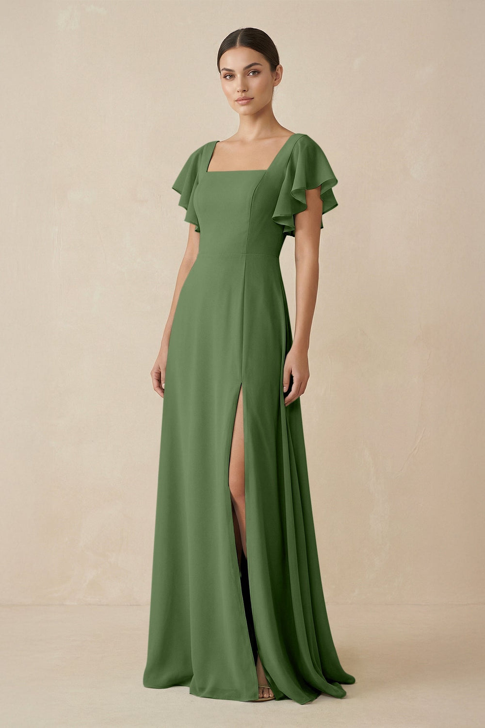 Chiffon A - Line Long Bridesmaid Dress with Flutter Sleeves in Moss - KissProm Bridesmaid Dresses