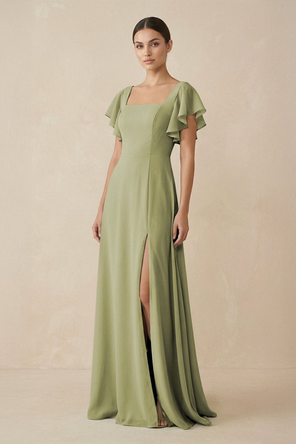 Chiffon A - Line Long Bridesmaid Dress with Flutter Sleeves in Moss Green - KissProm Bridesmaid Dresses