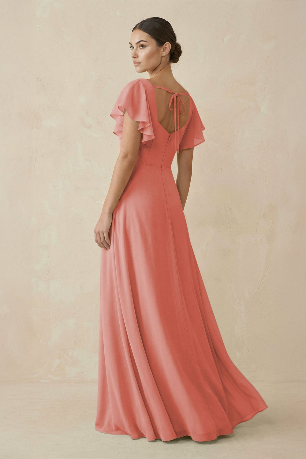 Chiffon A - Line Long Bridesmaid Dress with Flutter Sleeves in Mulberry - KissProm Bridesmaid Dresses