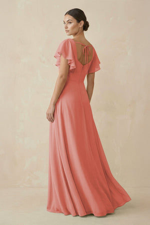 Chiffon A - Line Long Bridesmaid Dress with Flutter Sleeves in Mulberry - KissProm Bridesmaid Dresses