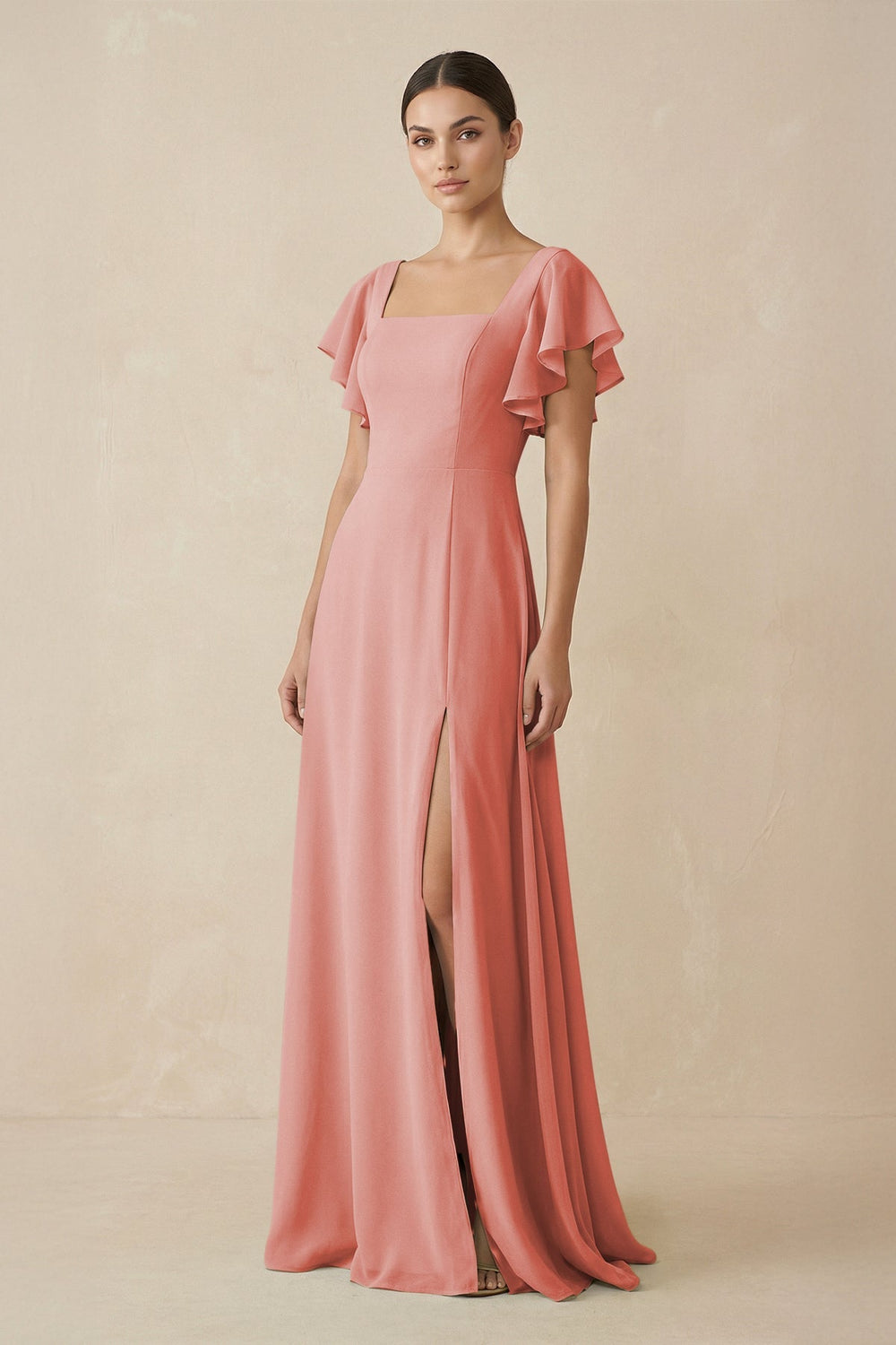 Chiffon A - Line Long Bridesmaid Dress with Flutter Sleeves in Mulberry - KissProm Bridesmaid Dresses
