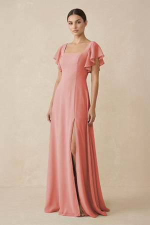 Chiffon A - Line Long Bridesmaid Dress with Flutter Sleeves in Mulberry - KissProm Bridesmaid Dresses