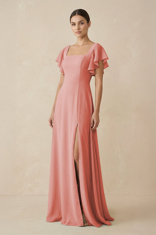 Chiffon A - Line Long Bridesmaid Dress with Flutter Sleeves in Mulberry - KissProm Bridesmaid Dresses