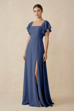 Chiffon A - Line Long Bridesmaid Dress with Flutter Sleeves in Navy - KissProm Bridesmaid Dresses