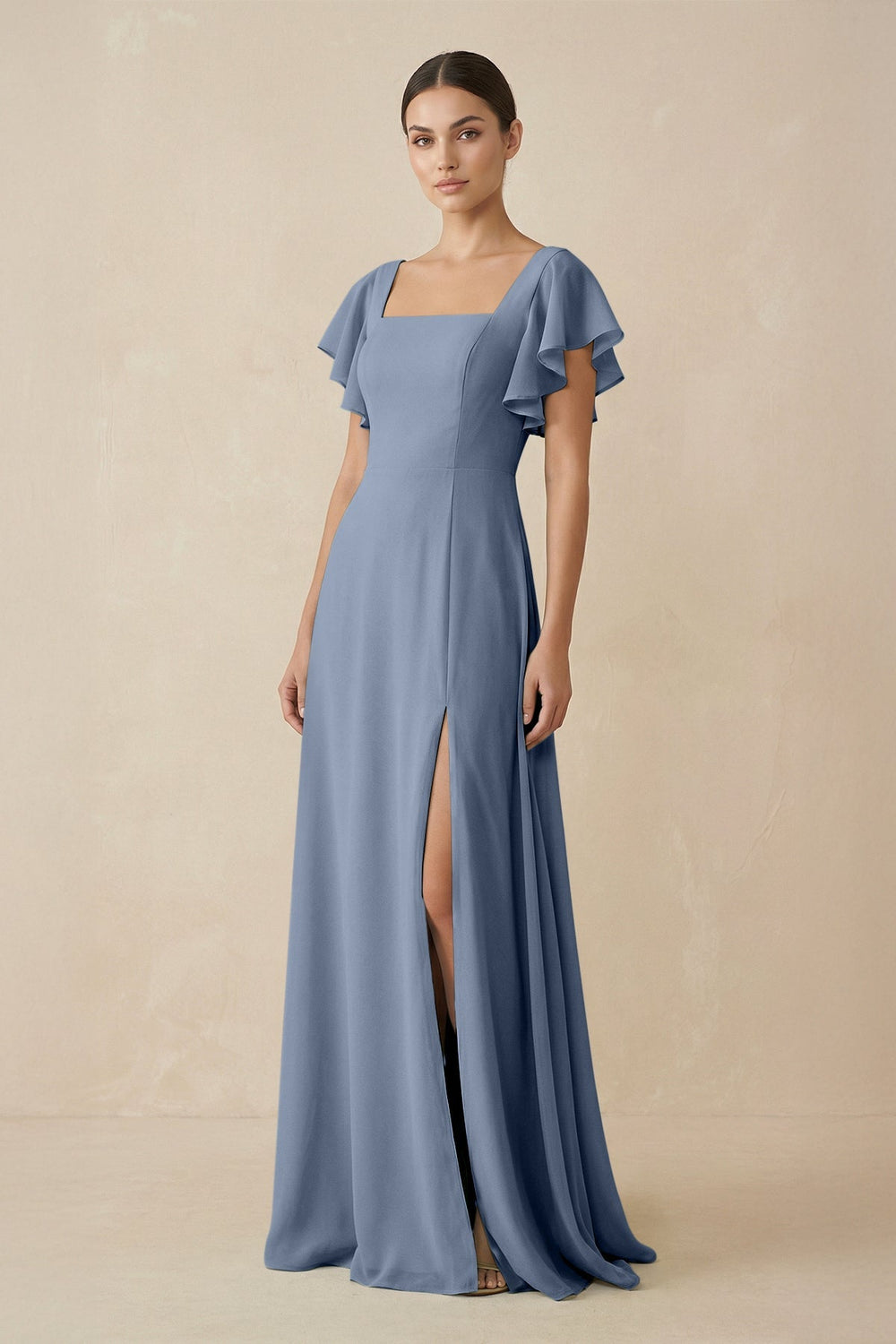 Chiffon A - Line Long Bridesmaid Dress with Flutter Sleeves in Neptune - KissProm Bridesmaid Dresses