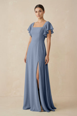 Chiffon A - Line Long Bridesmaid Dress with Flutter Sleeves in Neptune - KissProm Bridesmaid Dresses