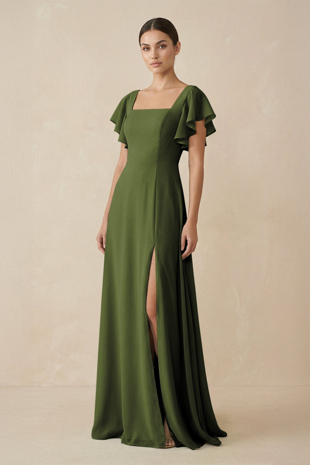 Chiffon A - Line Long Bridesmaid Dress with Flutter Sleeves in Olive - KissProm Bridesmaid Dresses