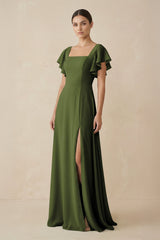 Chiffon A - Line Long Bridesmaid Dress with Flutter Sleeves in Olive - KissProm Bridesmaid Dresses