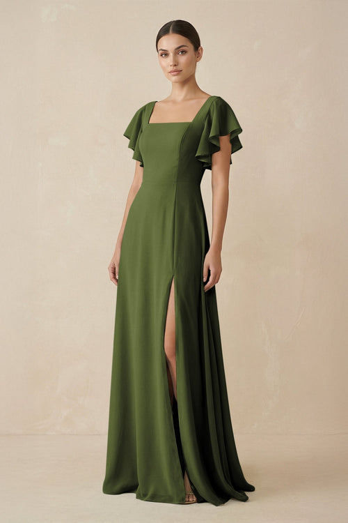 Chiffon A-Line Long Bridesmaid Dress with Flutter Sleeves in Olive, Olive / 30