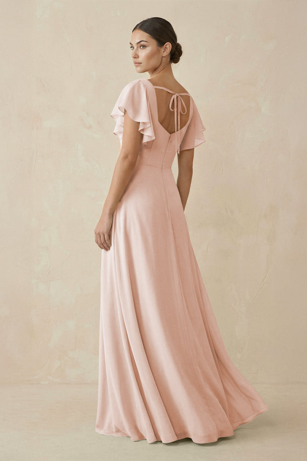 pale blush bridesmaid dress Asymmetrical Long Pale Pink Bridesmaid Dress with Belt – FancyVestido main image 0