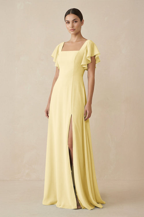 Chiffon A-Line Long Bridesmaid Dress with Flutter Sleeves in Pastel Yellow, Pastel Yellow / 16
