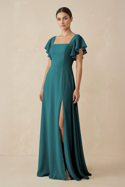 Chiffon A-Line Long Bridesmaid Dress with Flutter Sleeves in Pine, Pine / 30 Chiffon A-Line Long Bridesmaid Dress with Flutter Sleeves in Pine, Pine / 30